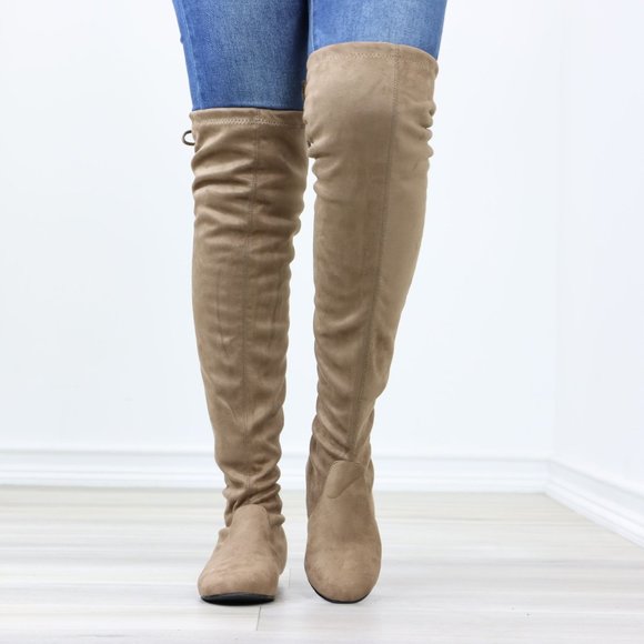 Taupe Thigh High Over The Knee Flat Boots Faux Suede - Picture 11 of 15
